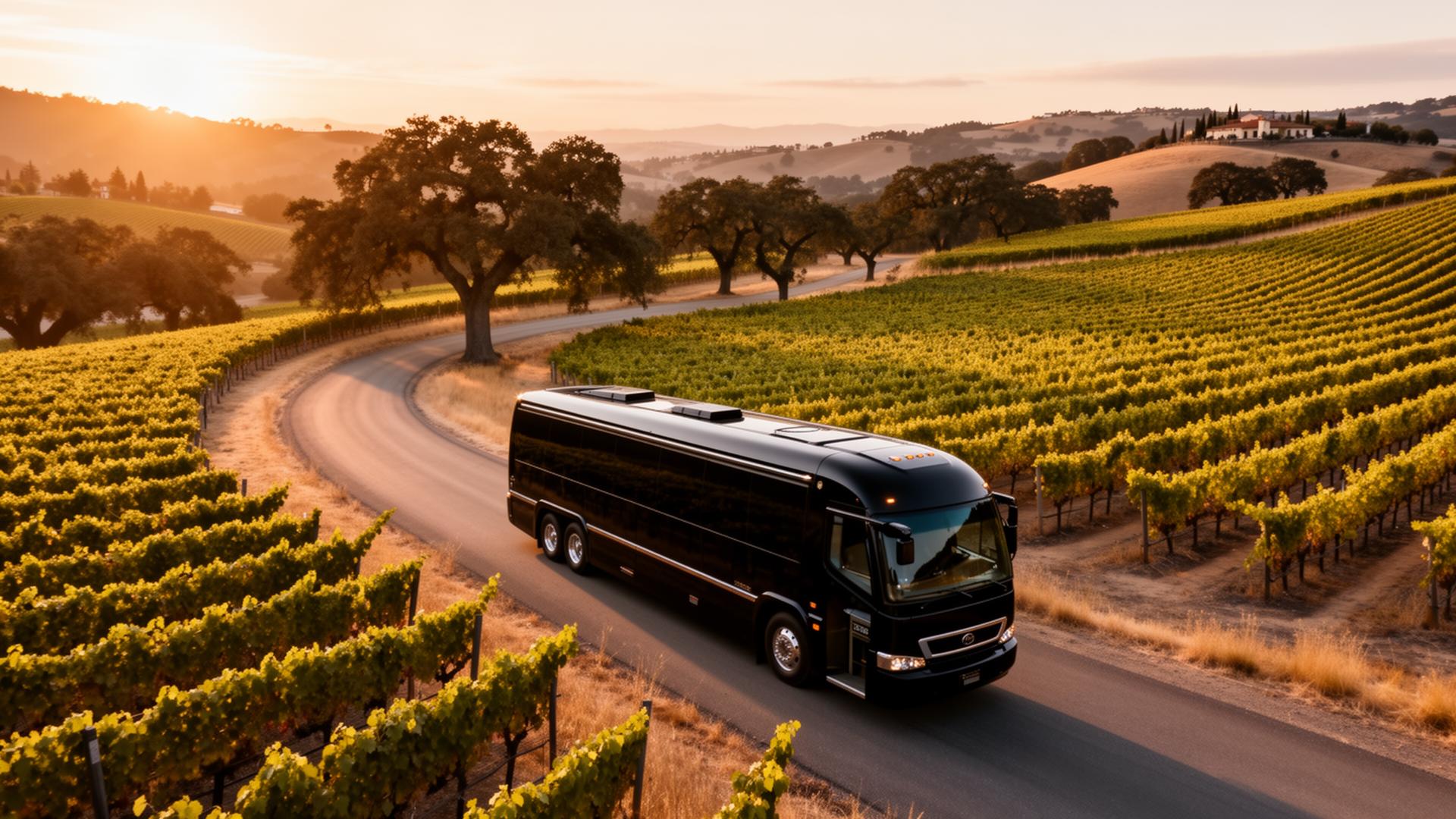 Luxury charter bus driving through Healdsburg wine country vineyards at sunset